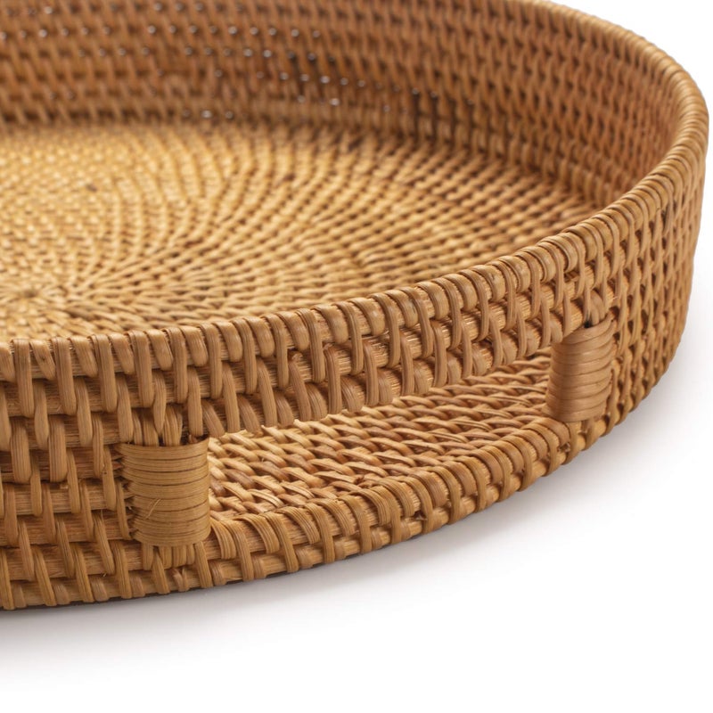 DECRAFTS Coffee Table Tray Round Rattan Ottoman Tray Woven Serving Trays with Handles for Home and Kitchen Decorative Natural (Large 14 inch x 2.4 inch) - Image 2